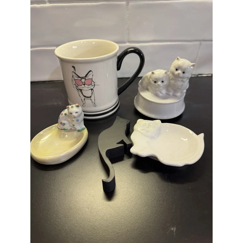 Kitten Kitty Cat Lot Of 5 Figurines‎ Dish Cup Shelfsitter Cat Lady Starter Kit
